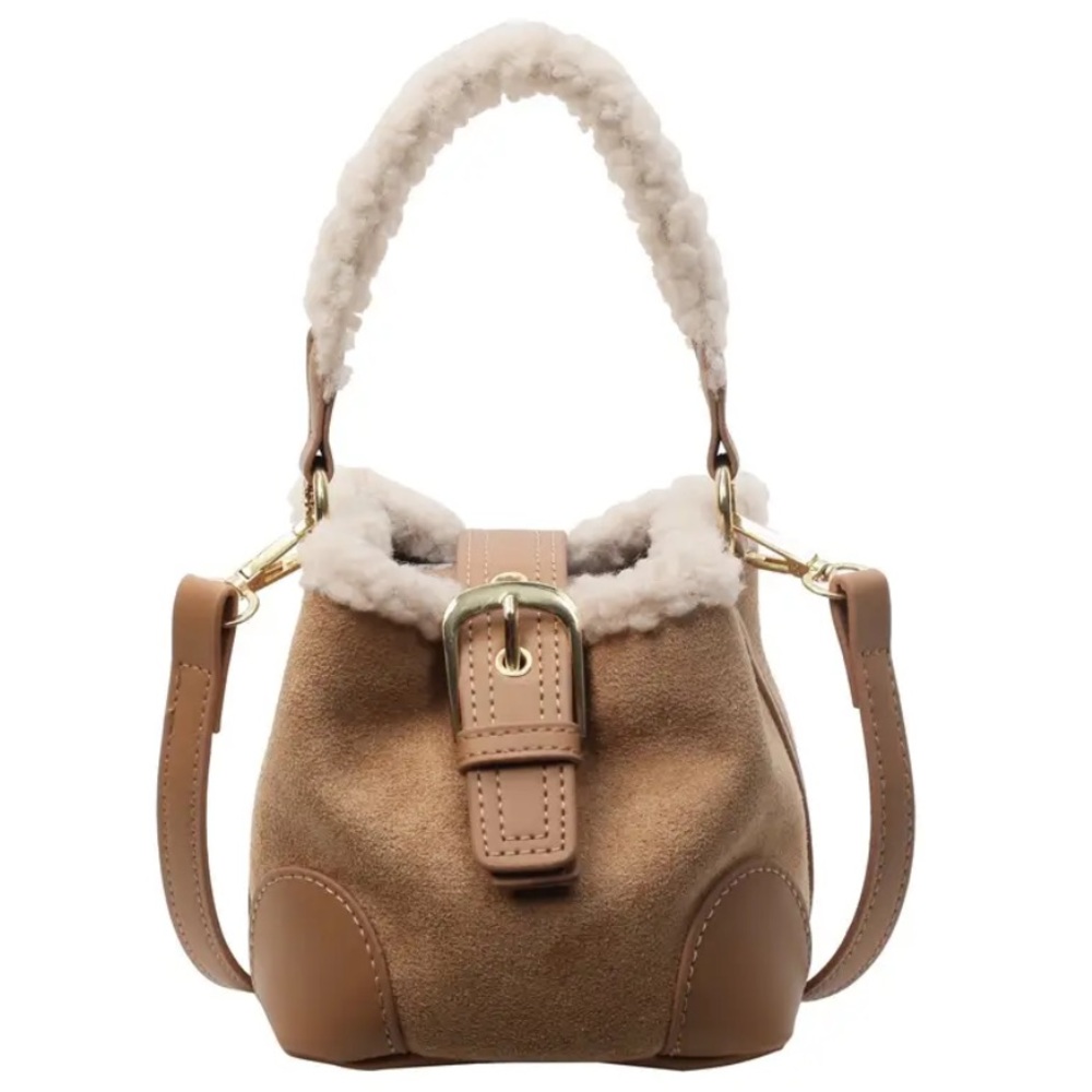 Bucket Bag Suede Sherling Plush Mini Crossbody Bag- Khaki / Cream Retro Handbag